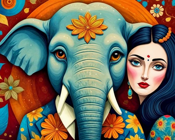 Woman and Elephant with Colorful Floral Patterns