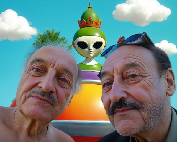 Two Older Men in Surreal Colorful Setting with Alien