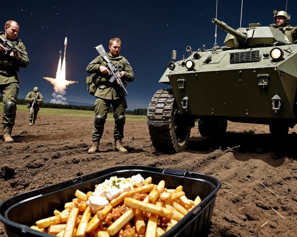 Soldiers in Tactical Gear Amidst Food and Conflict