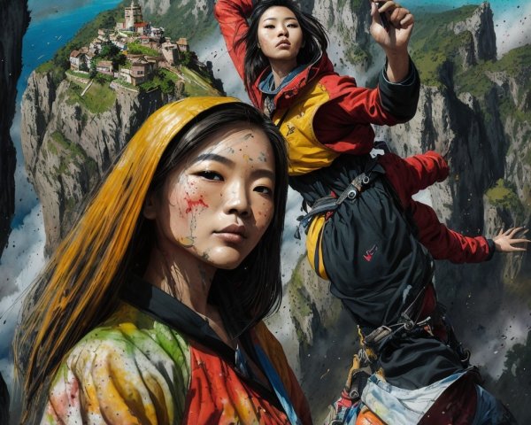 Climbers Ascending Rugged Cliff with Scenic Village Below