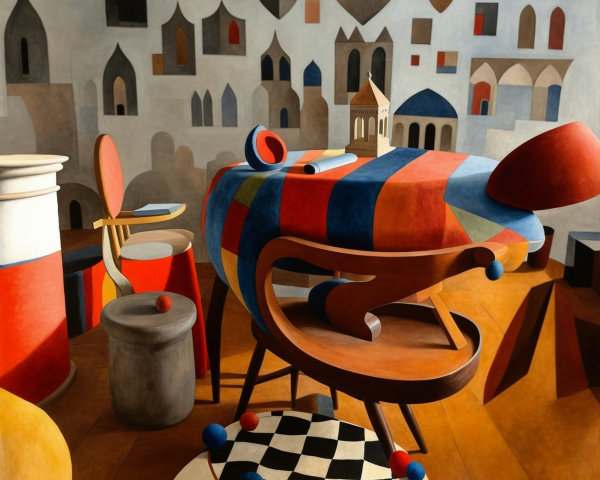Vibrant Abstract Interior with Unique Table and Chairs