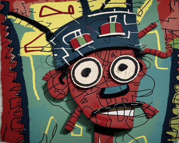 Abstract Red Face with Blue Hat and Vibrant Background