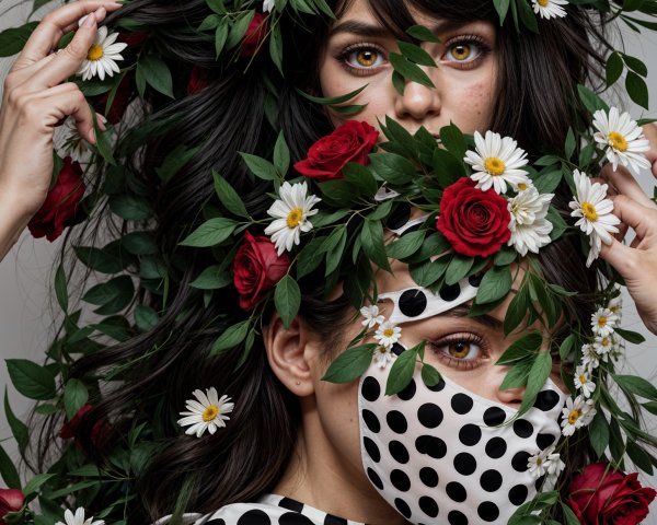 Women in Floral Arrangement with Roses and Daisies