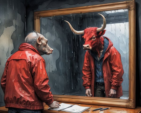 Surreal Reflection of Masked Figures in Dim Light