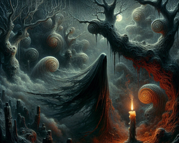 Surreal Forest with Shadowy Figure and Ethereal Mist