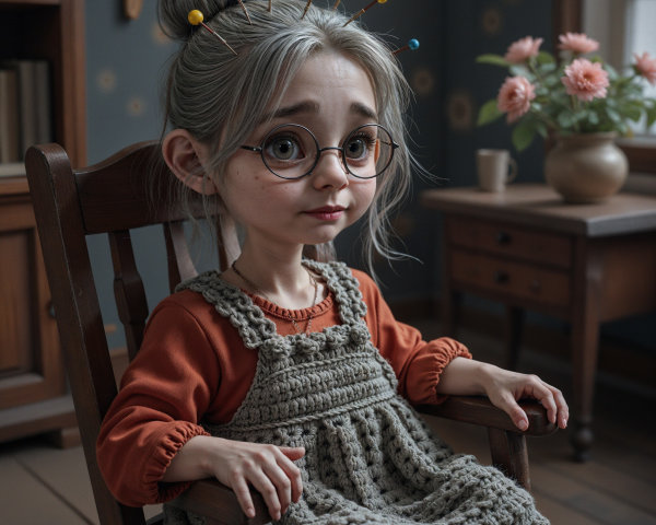 Young girl in glasses in a cozy, floral room