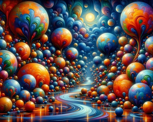 Surreal Landscape with Colorful Orbs and River Reflection