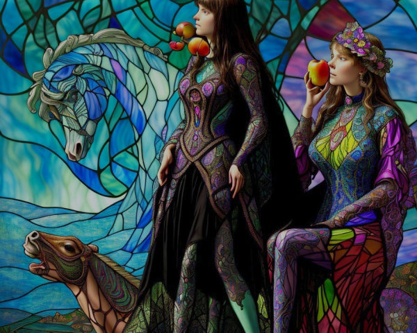 Elegant Women in Colorful Stained Glass Attire