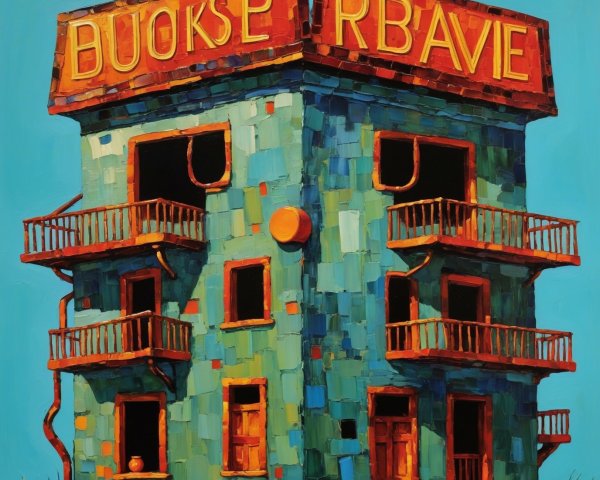 Surreal Painting of a Turquoise Angular Building