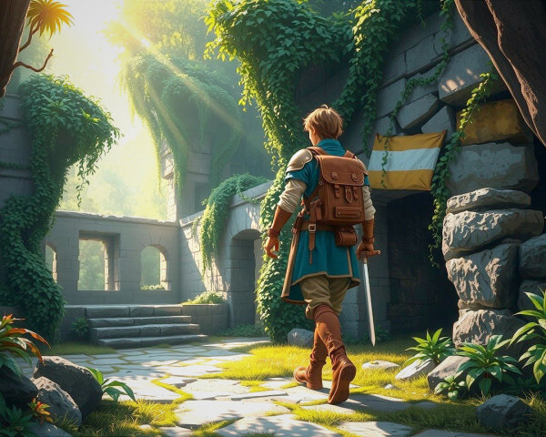 Young Adventurer Explores Lush Overgrown Ruins