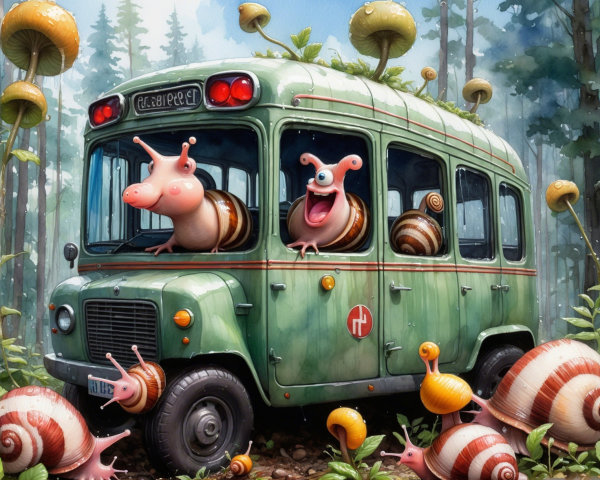 Vintage Green Bus in Whimsical Forest Scene