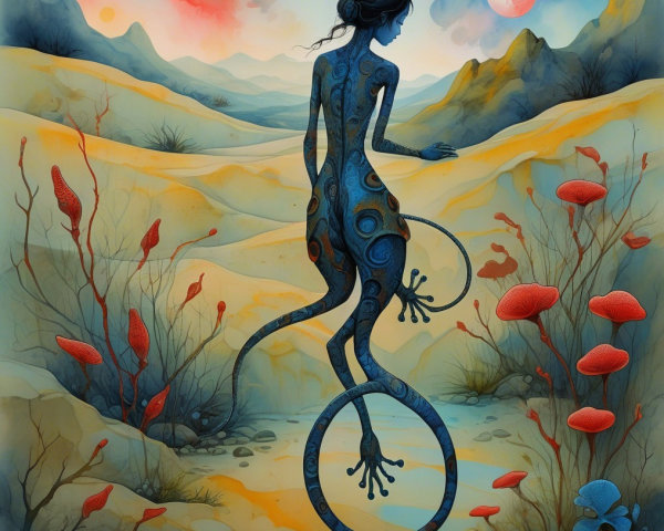 Surreal Figure in Desert with Vibrant Sunset and Plants