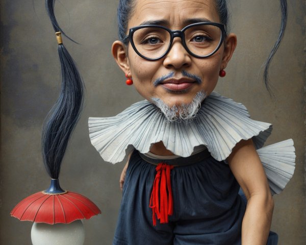 Whimsical Character with Fluffy Collar and Umbrella