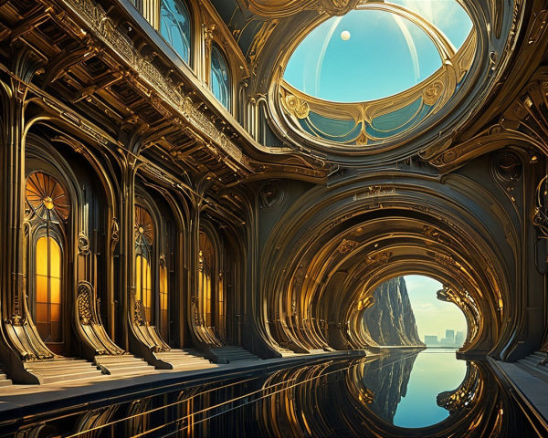 Futuristic Interior with Grand Arches and Water Surface