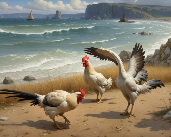 Elegant roosters on a sandy coastal path with waves