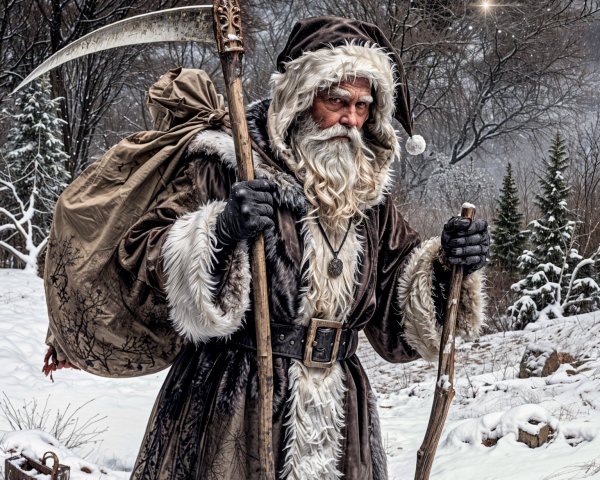 Stern-faced figure in snowy forest with wooden staffs