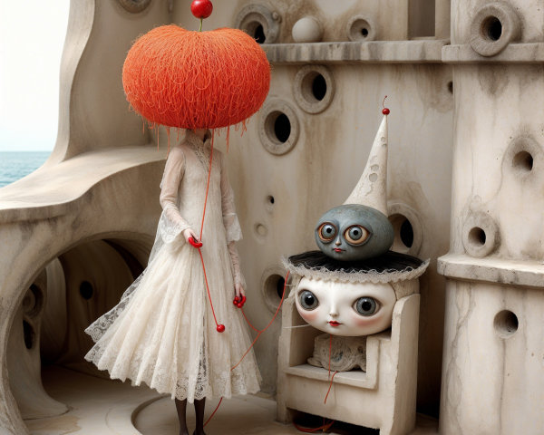 Surreal Landscape with Figure and Whimsical Creature