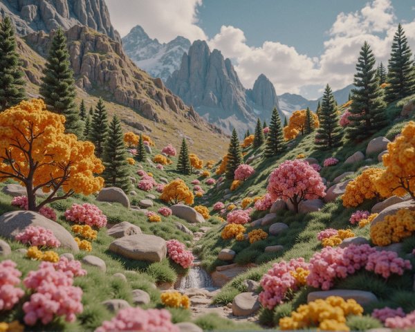 Vibrant Mountainous Landscape with Colorful Valley Flowers