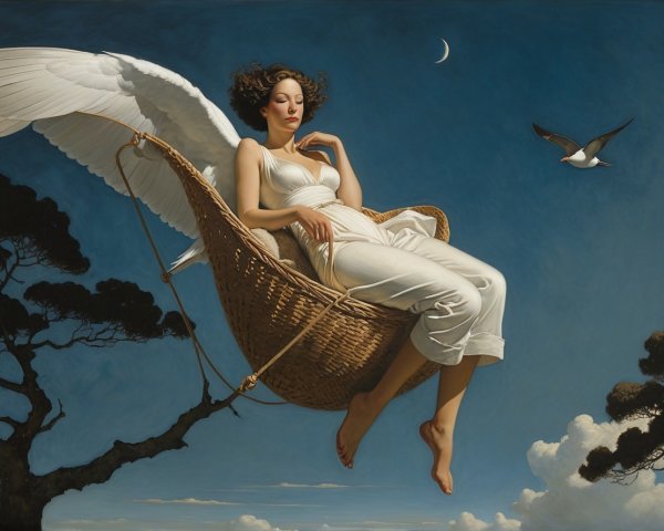 Woman in White Dress Resting in Basket Under Moon