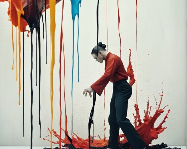 Figure in Red Shirt Surrounded by Colorful Paint Splatter