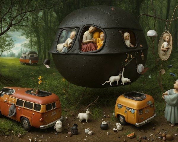Whimsical Forest Scene with Spaceship and Camper Vans