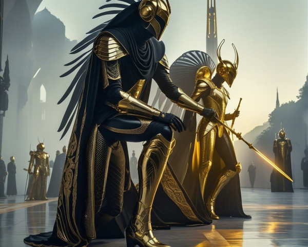 Majestic Figures in Ornate Gold Armor in Dramatic Setting
