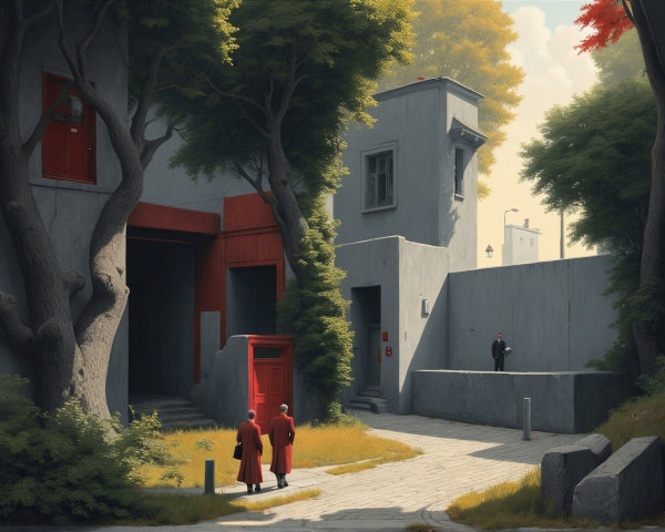 Serene Urban Scene with Figures in Red Coats