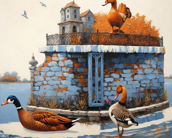 Whimsical Island Scene with Ducks and Autumn Trees