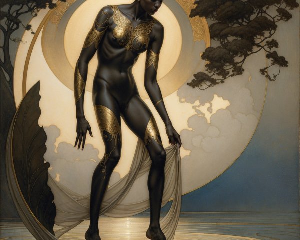 Elegant figure in water with gold and black elements