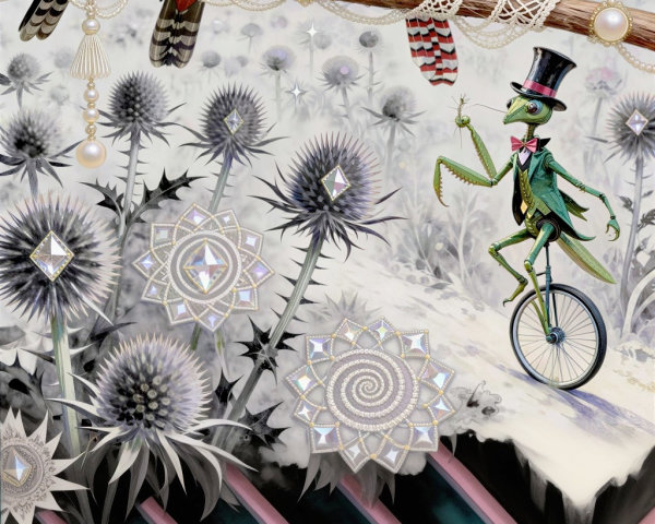 Magical realism watercolor of exotic birds and thistles