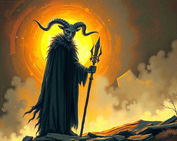 Shadowy Figure in Cloak on Rocky Landscape at Sunset