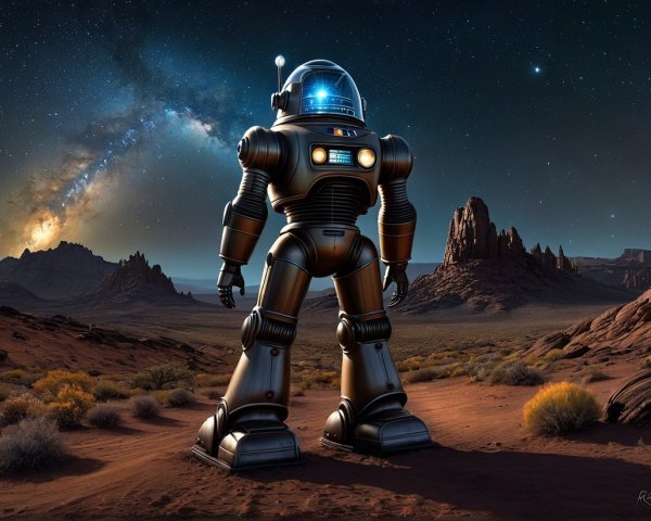 Futuristic Robot in Desert Under Starry Sky