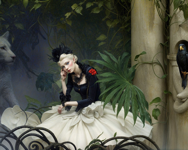 Young Woman in Ethereal Jungle with White Lion