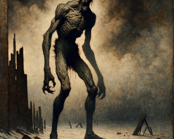 Skeletal Creature in a Desolate Landscape Scene
