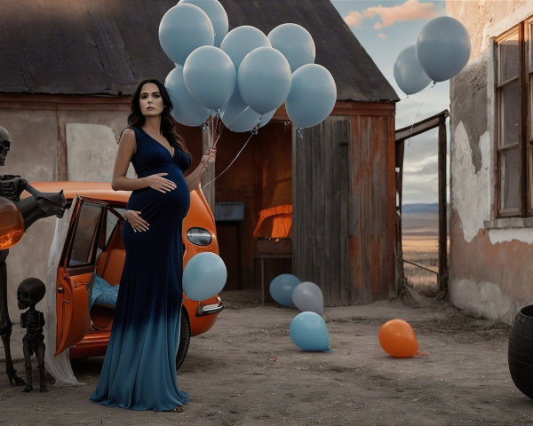 Pregnant Woman with Balloons and Skeletons in Landscape