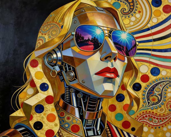 Vibrant Cybernetic Woman in Neo-Cubist Style Painting