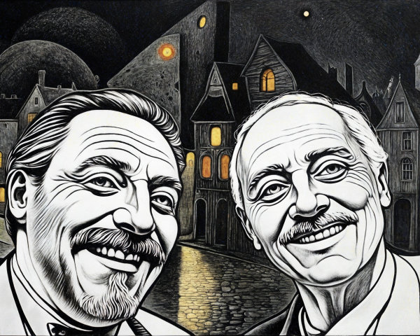 Smiling Men Against Quaint Houses and Evening Sky