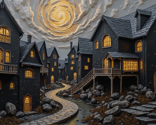 Whimsical Village with Dark Houses and Golden Sky