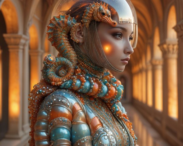 Futuristic armored figure in a grand illuminated corridor