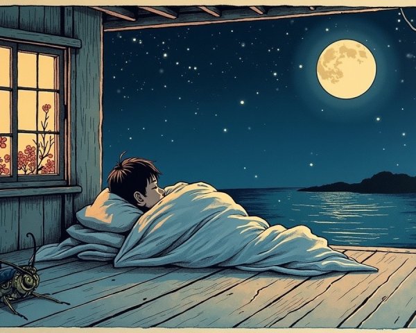 Cozy Night Scene with Boy on Porch and Moonlight