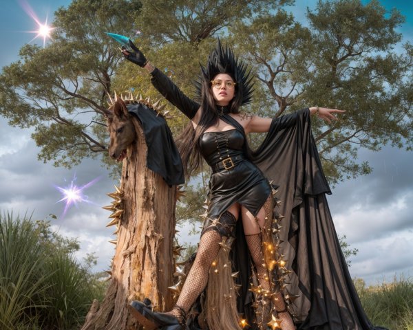 Dramatic Figure with Spiked Outfit and Glowing Weapon
