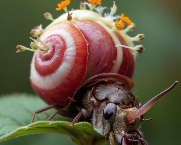 Vibrant Insect with Spiral Shell and Yellow Flowers