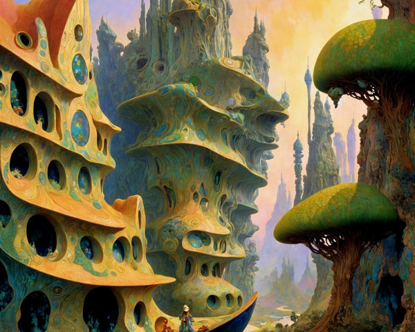 Psychedelic Painting of an Alien Landscape with Architecture