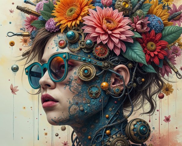 Portrait of a Young Woman with Flowers and Mechanics
