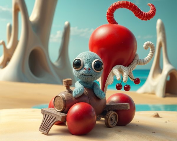 Surreal Landscape with Blue Alien on Toy Car