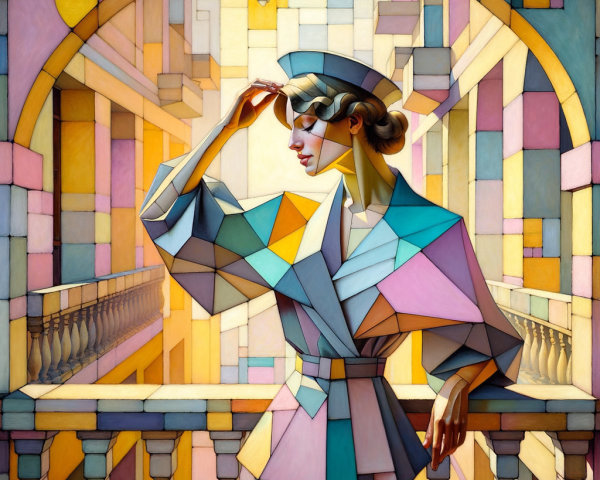 Stylized Woman on Balcony in Vibrant Patterns
