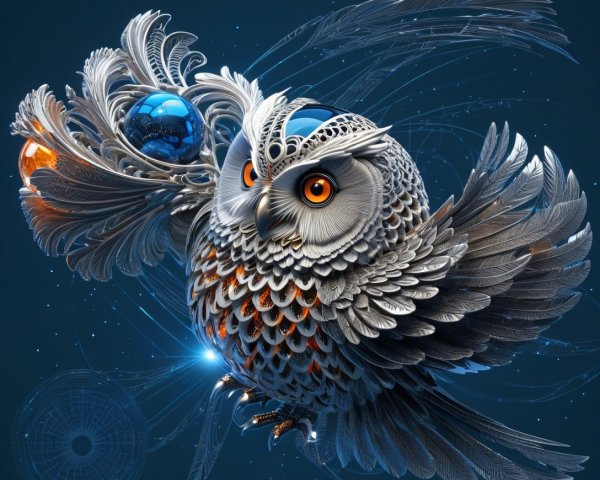 Metallic Owl with Shimmering Feathers and Cosmic Background