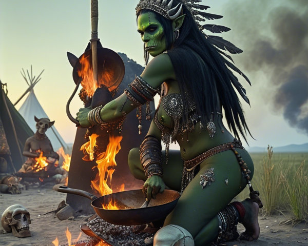 Green-Skinned Warrior in Mystical Landscape by Fire