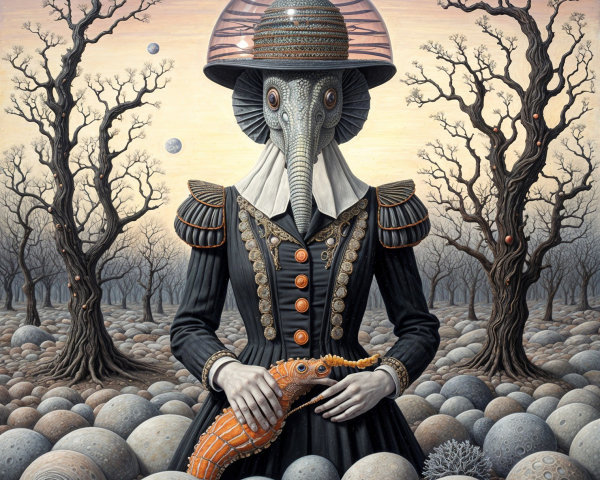Surreal Figure in Victorian Dress in Barren Landscape