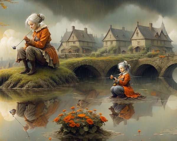 Ethereal Figures by Misty Lake in Surreal Landscape